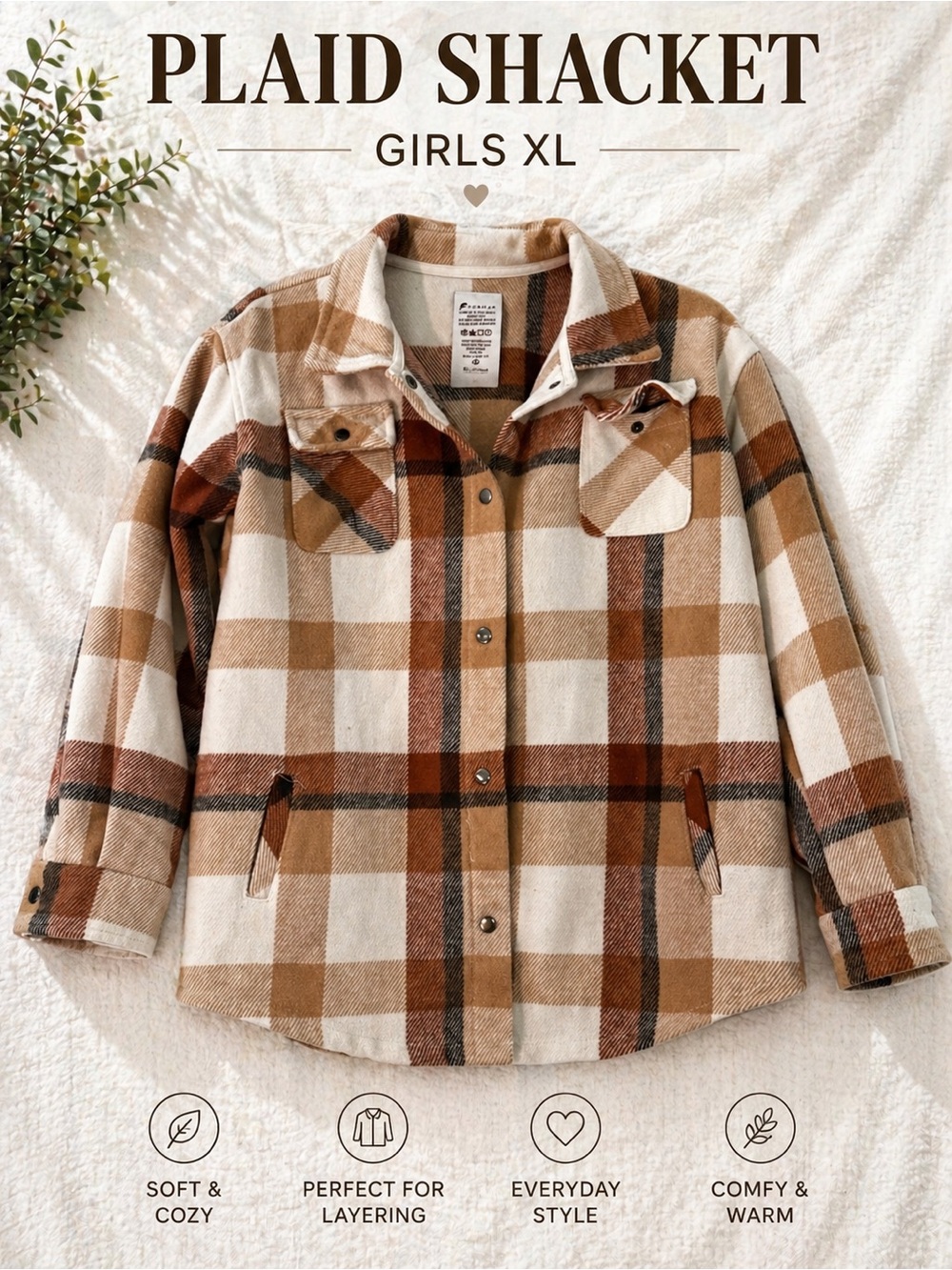 Girls XL Plaid Shacket Button-Down in Brown & Cream